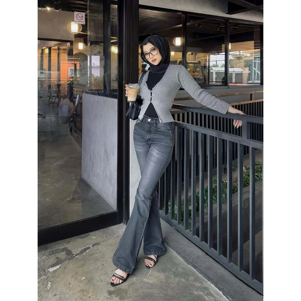 Highwaist Cutbray Jeans Retro - Celana Jeans Cutbray Premium - Celana Cutbray Abu Whisker Wanita