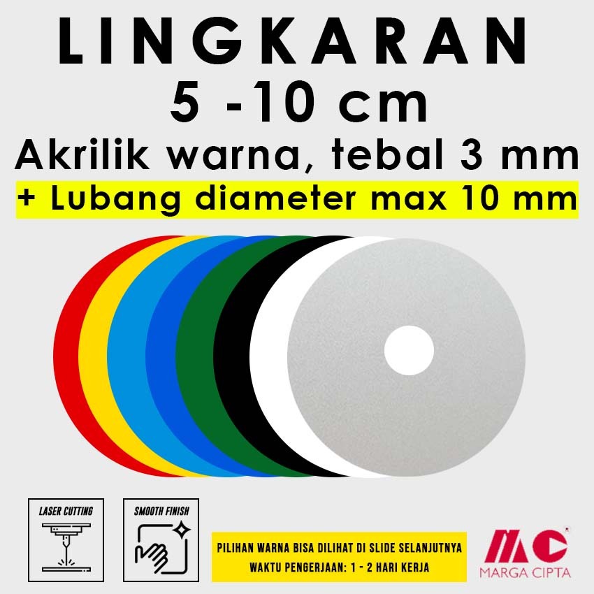 

[Tebal 3 mm] Lingkaran Tebal 3 mm + lubang - Akrilik 5 / 6 / 7 / 8 / 9 / 10 cm - Akrilik warna Hitam / Putih / Hijau / Biru / Kuning / Merah / Sandblast / Buram - Laser Cutting Marga Cipta