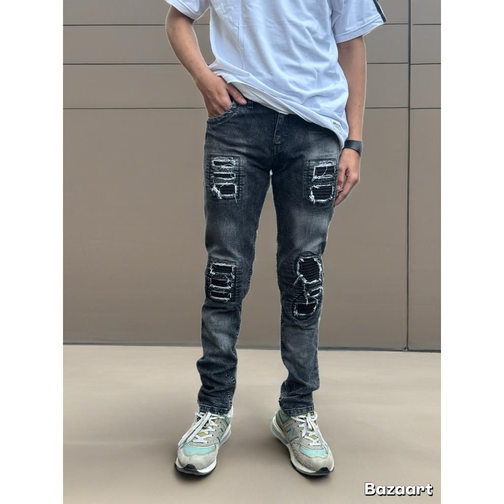 Celana jeans Black wash buterflay celana jeans sobek ripped pria bikers