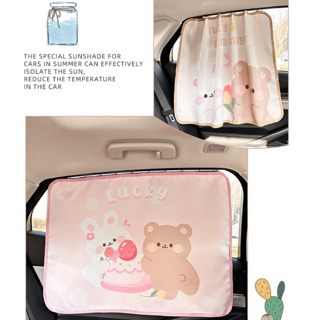 Favorile.id Cover Tirai Jendela Mobil Dengan Rel / Tirai Mobil Lucu Motif Bear Bunny / Sunshield /