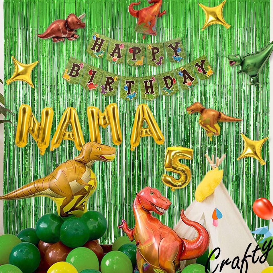 PAKET BIRTHDAY set BANNER DINO GREEN CURTAIN Dekorasi Pesta Backrop Ulang Tahun Anak