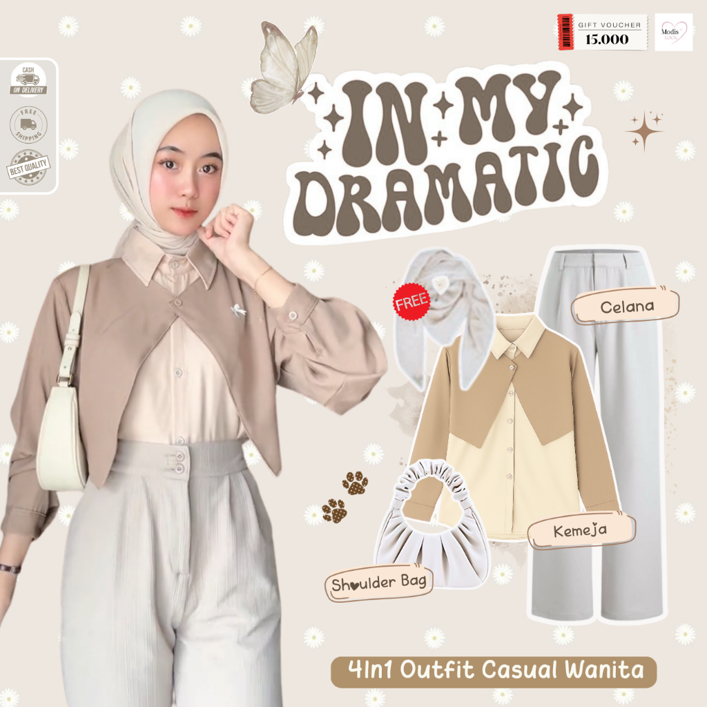 Dela Ootd Wanita Kekinian Remaja ( Tas + Kemeja + Celana + Tas ) Setelan Wanita Kekinian - ML19