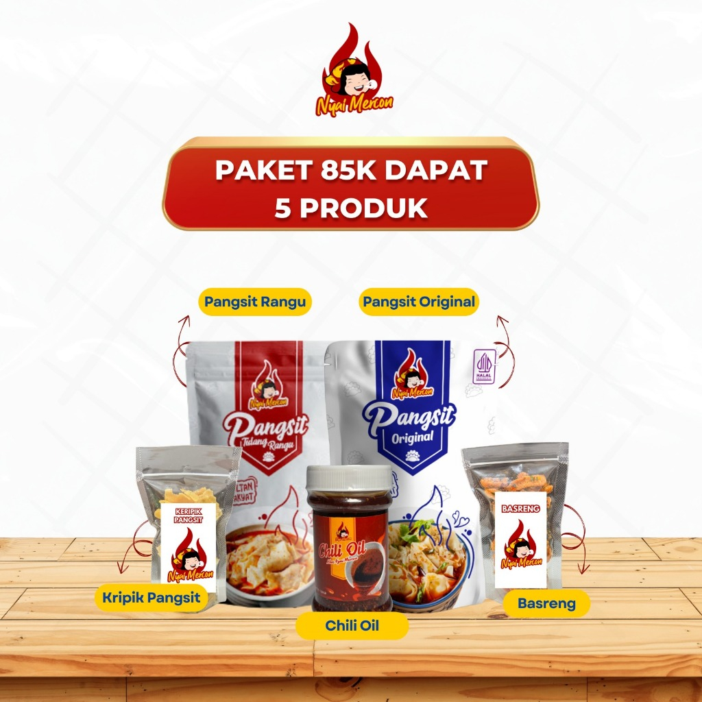 

Nyai Mercon - Paket 85K dapat 5 (Pangsit Rangu, Pangsit Original, Keripik Pangsit, Basreng, Chili Oil Botol 150 ML)