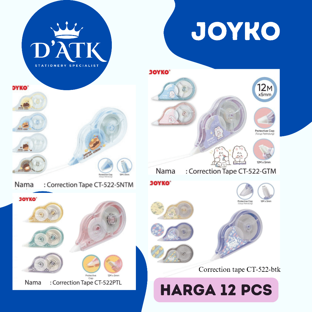 

Joyko CT-522GTM/ CT522PTL/ CT522BTK/ CT522SNTM Correction Tape Pita Koreksi - Cortape tipe x kertas / roll 1 BOX(12 PCS)