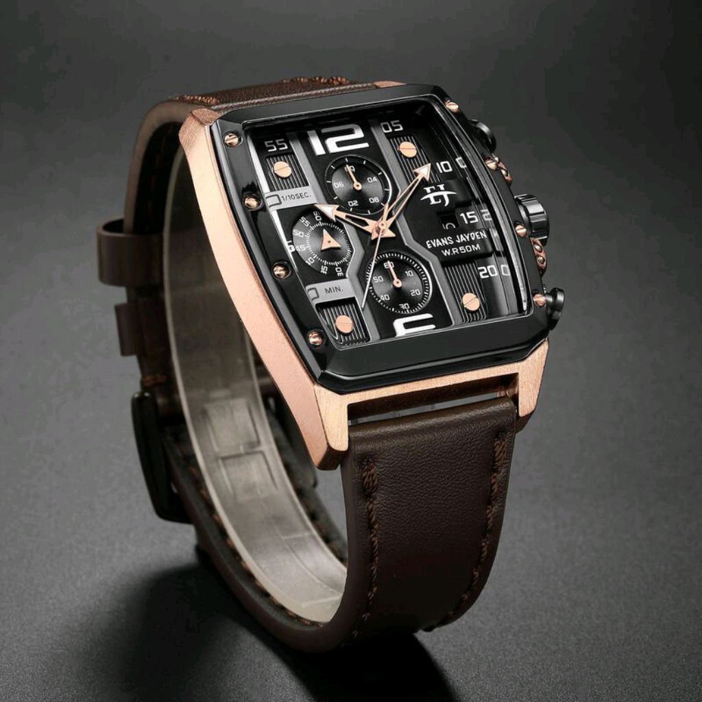 Jam Tangan Pria Evans Jayden 9618 Analog Cronograph Leather Strap Original Garansi 1 Tahun