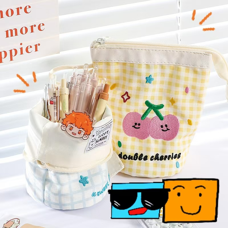 

Cute design, grid contrasting color, vertical flip pen holder, portable stationery bag