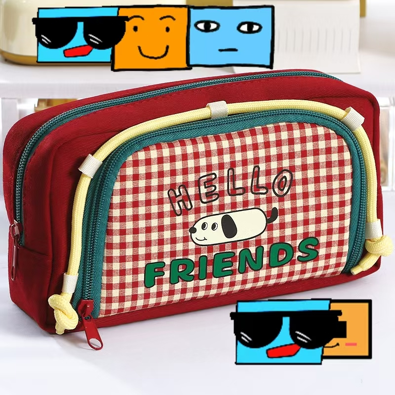 

Cartoon puppy large capacity checkered window pencil case for both men and women, cute, high appearance, dirt resistant stationery bag