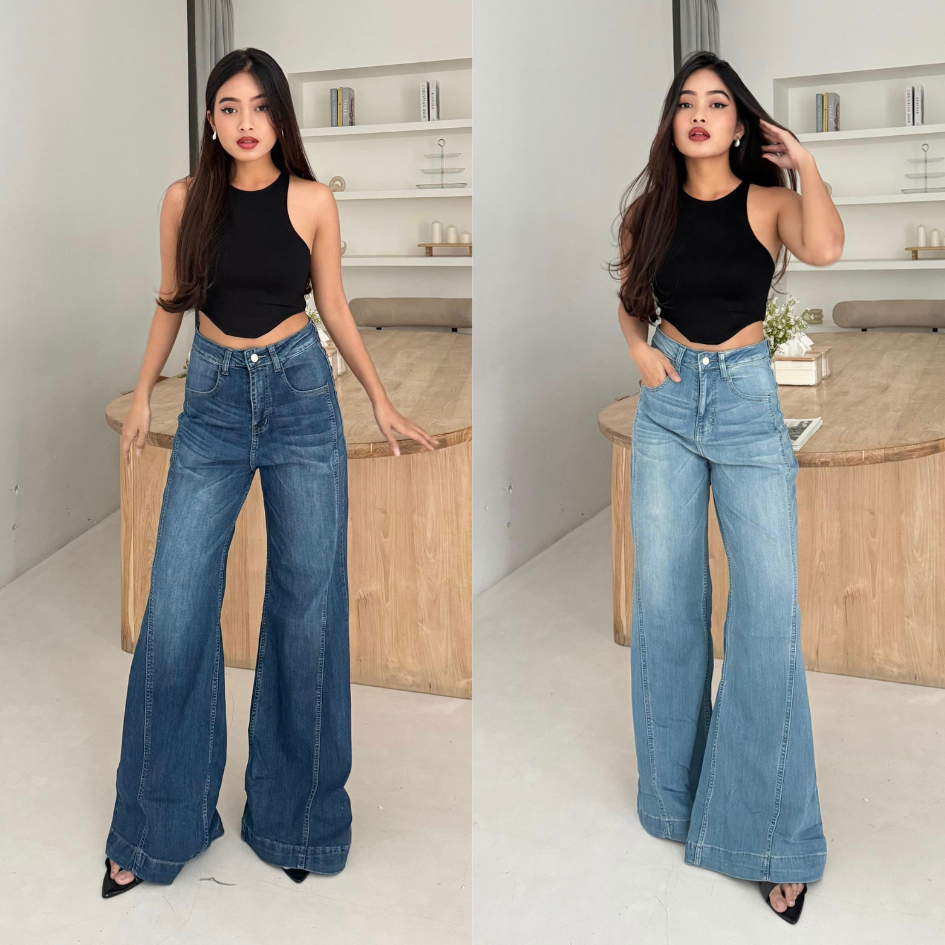 LADOUCE - Sasha High Waist Cutbray Jeans Celana Flare Panjang Stretch Wanita