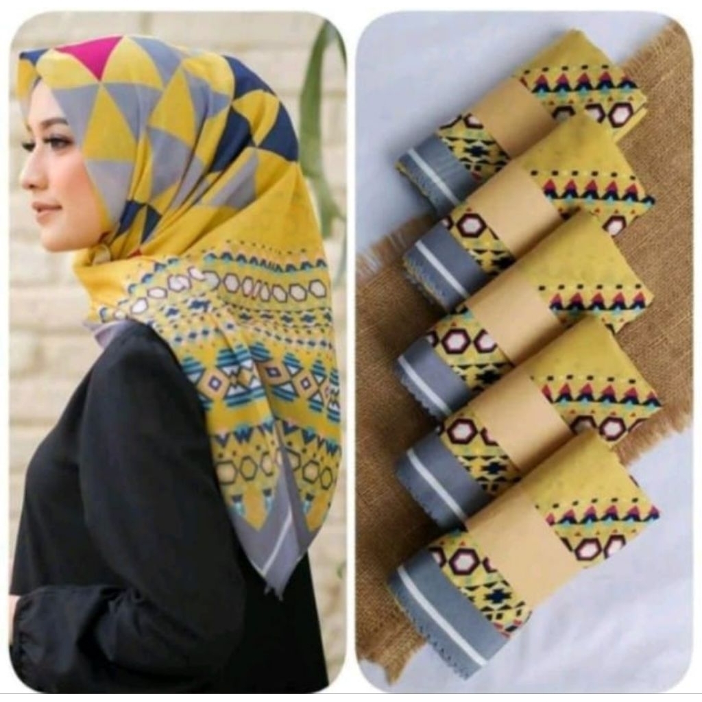 KERUDUNG SEGI EMPAT VOAL MOTIF SEGITIGA KUNING