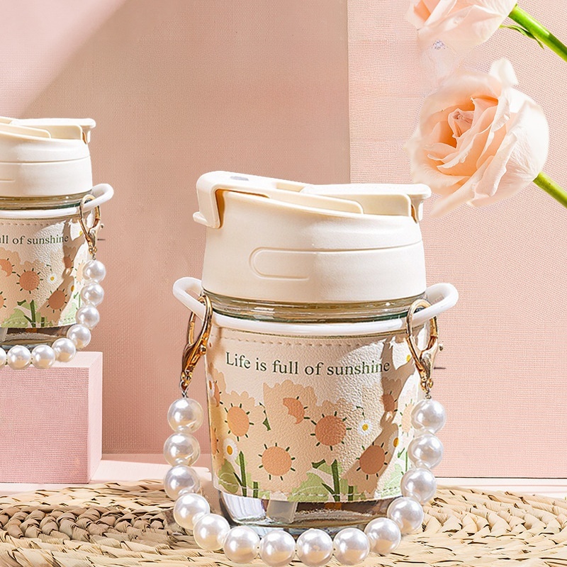 BOTOL MINUM KACA 400ML BOTOL AESTHETIC TALI MUTIARA TUMBLER KOREA BOTOL TRAVEL TALI DAN SEDOTAN / Tu