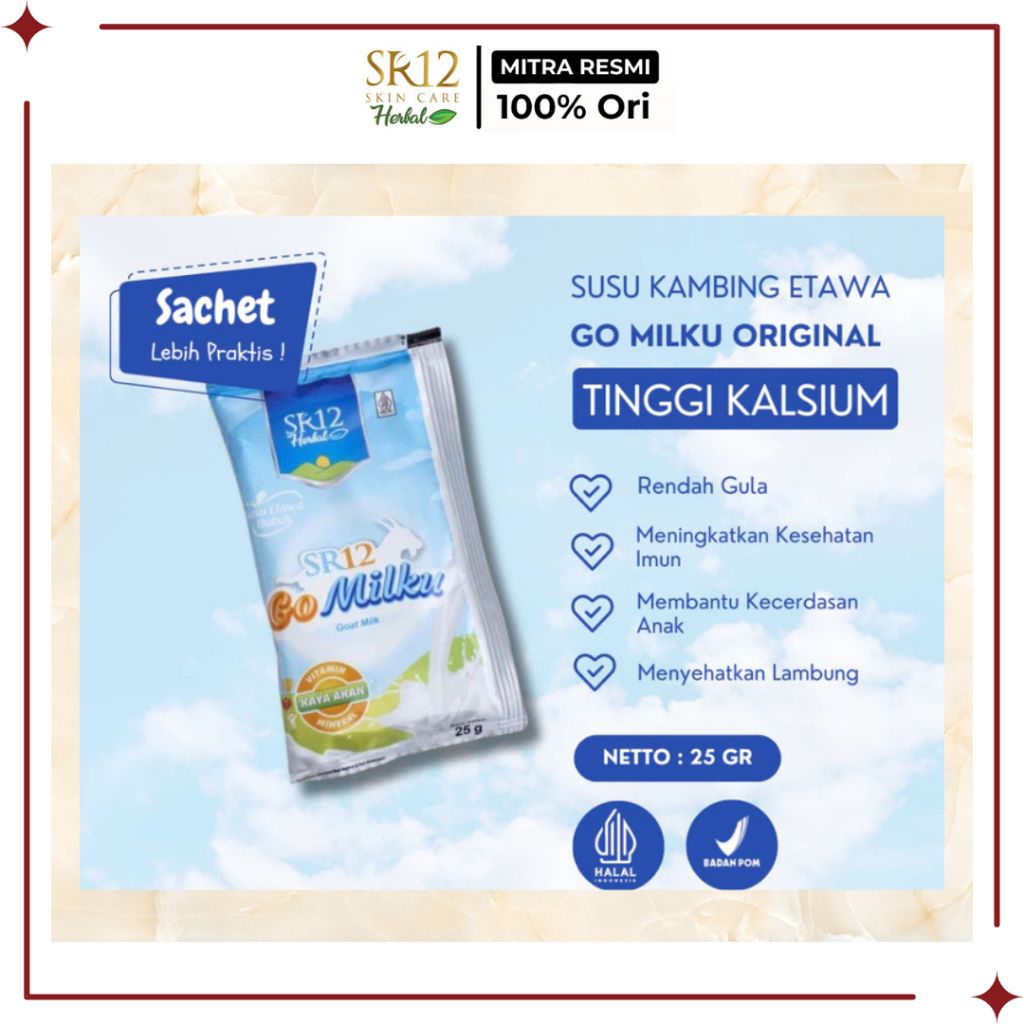 

SR12 Official Mitra - Go Milku Susu Kambing Etawa Rasa Original Kemasan Sachet 25 gr - Membantu kecerdasan otak anak serta memperlancar asi booster dan menyehatkan lambung - SR12 Reseller Riau - Pekanbaru - Sumatera