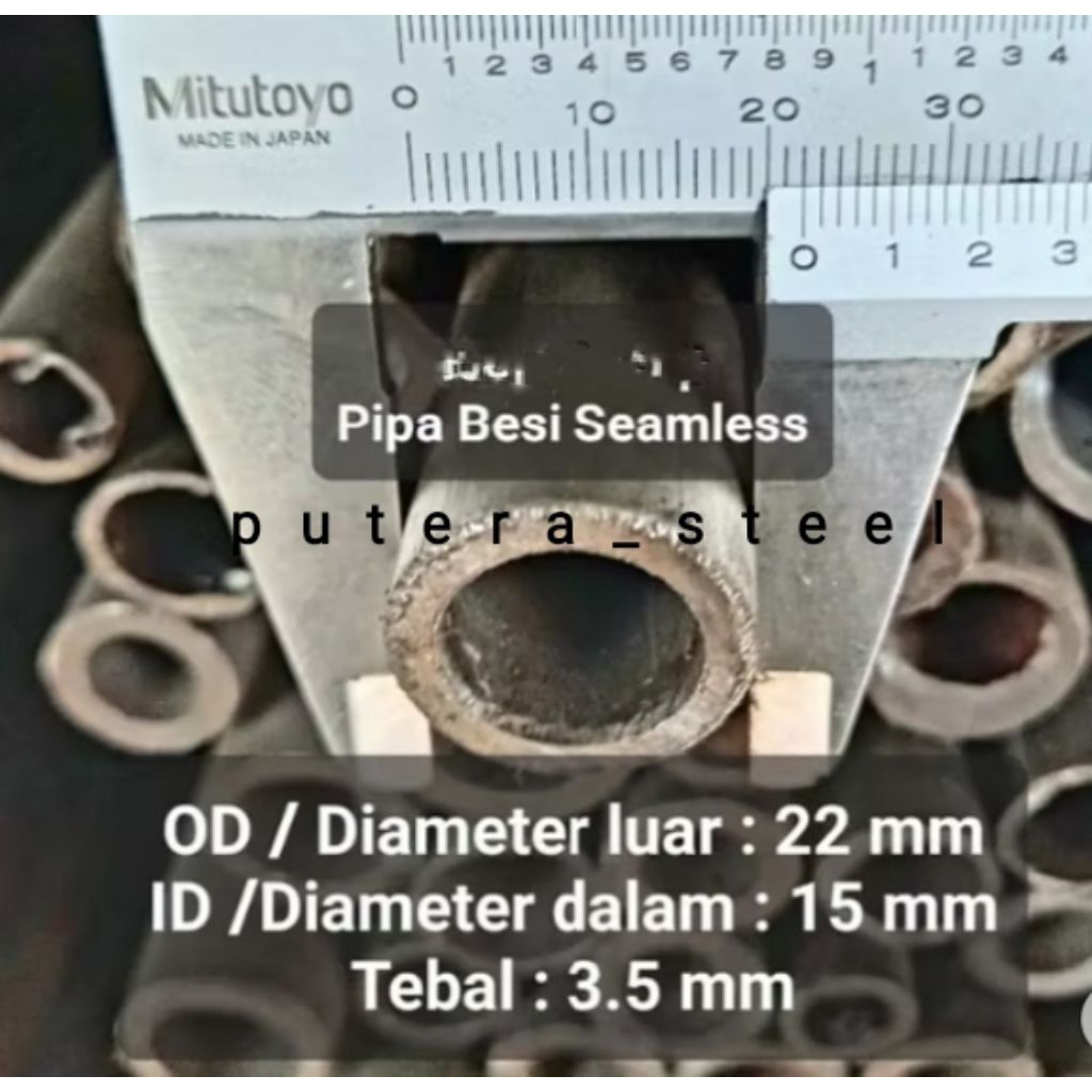 pipa besi seamles luar/OD 22mm dalam/ID 15mm tebal 3,5mm ukuran 10-50cm