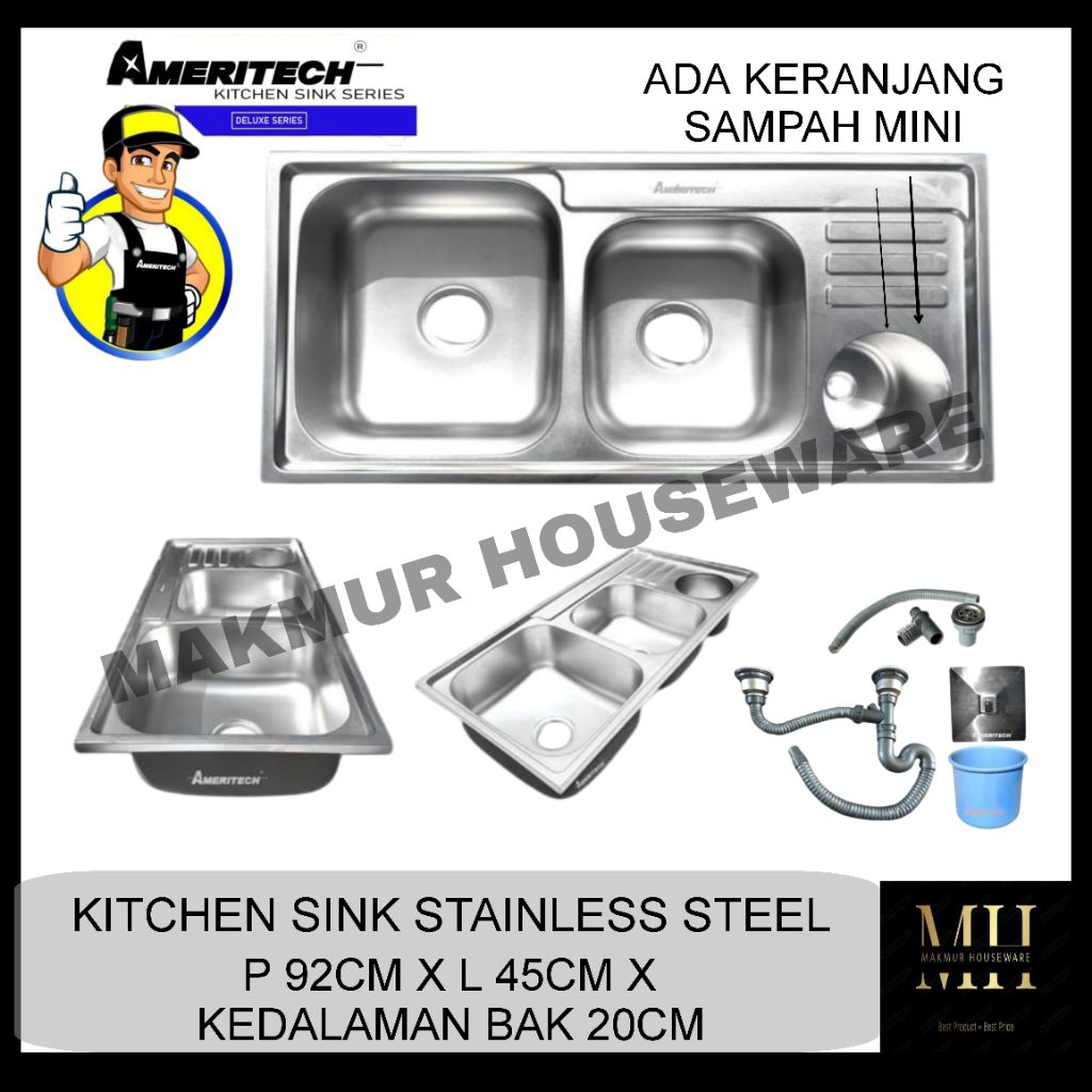 KITCHEN SINK STAINLESS STEEL 2 LUBANG SAYAP AMERITECH + KERANJANG SAMPAH MINI / BCP 2 LUBANG BAGUS