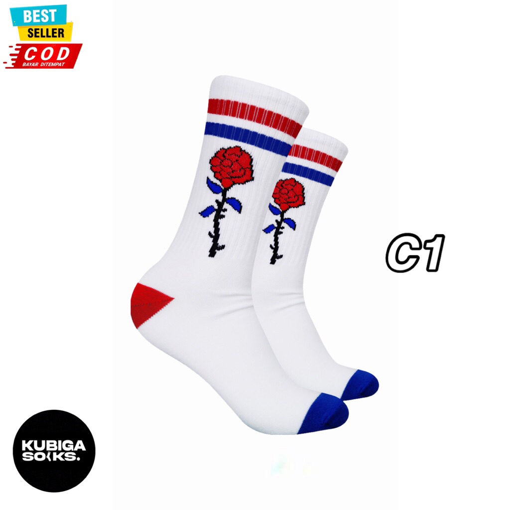 Kaos Kaki Oldschool Motif Tangkai Bunga Mawar - C1