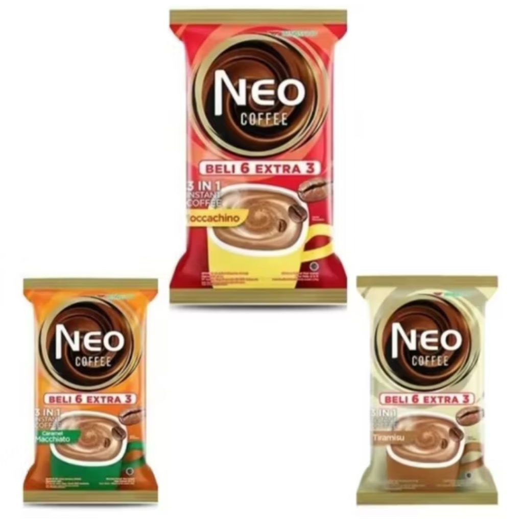 

Neo Coffee 3 in 1 Kopi Instan Pack 20 gr isi 6 + 3 pcs all Varian Moccachino Tiramisu dan Caramel Machiato