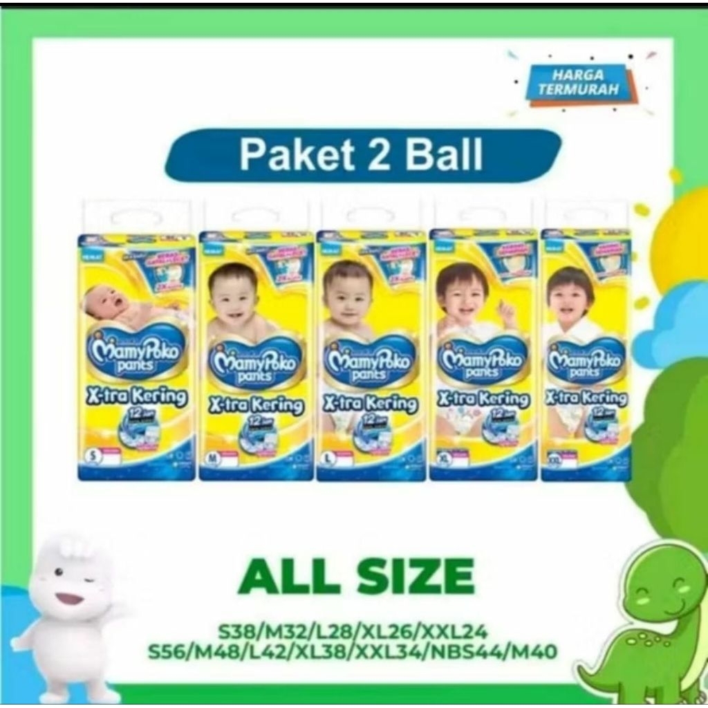 PROMO Khusus Paket 2ball Mamypoko Extra Kering NBS 44pcs, S38, M32, L28