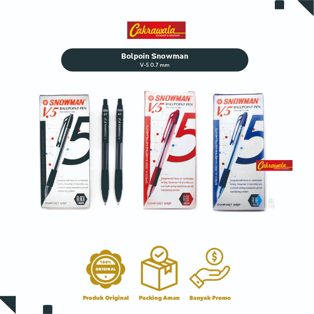 

Bolpoin Snowman V-5 Hitam Merah Biru | Pulpen Tinta Lancar 0.7mm | Pulpen Snowman Original