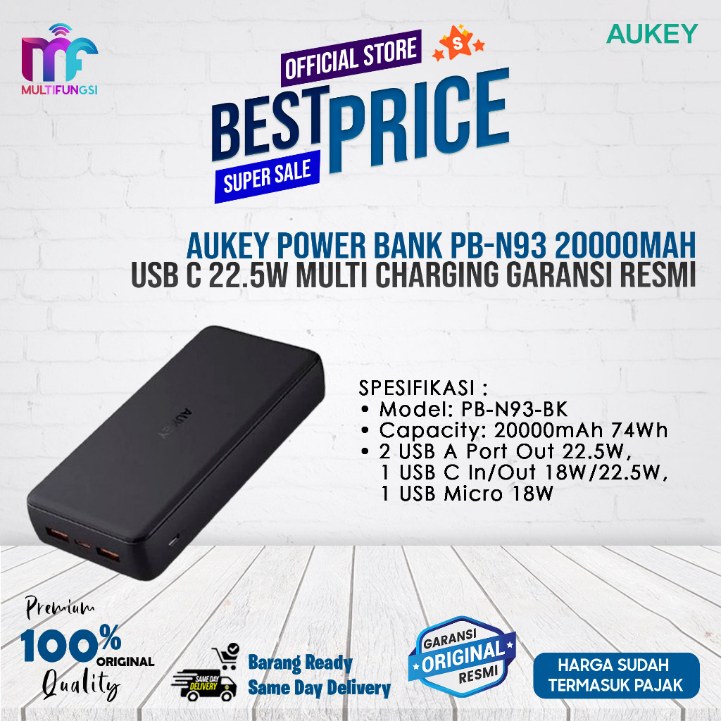Aukey Power Bank PB-N93 20000mah USB C 22.5W Multi Charging Garansi Resmi