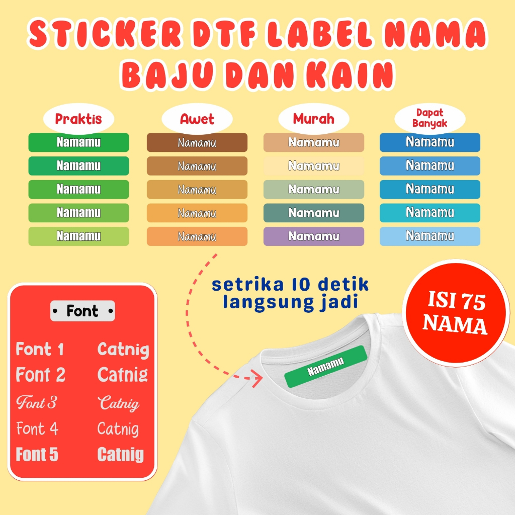 

75 PCS Sticker Label Nama Kain Baju Kaos Sablon Cukup Setrika Custom Tulisan DTF Sehari Jadi