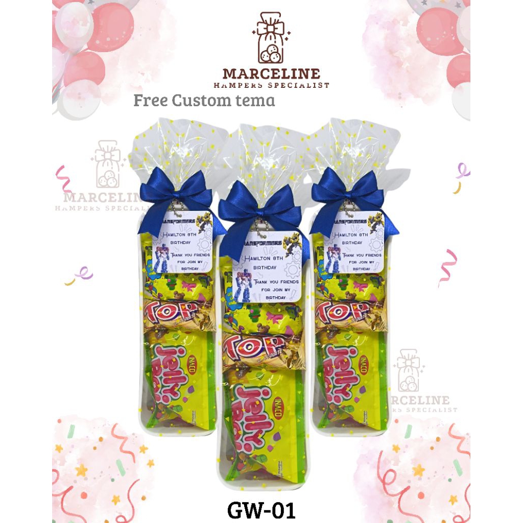 

hampers ulangtahun anak praktis Dan murah, bingkisan snack ulangtahun anak free design tag.