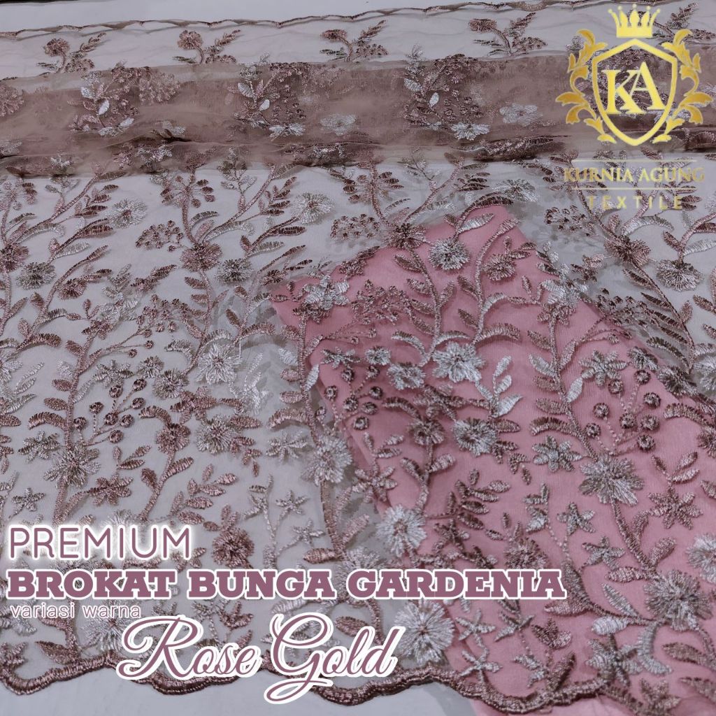 Promo Kain Tile Bordir Brokat Etnik + Satin Warna Rose Gold Motif Bunga Gardenia Premium Harga