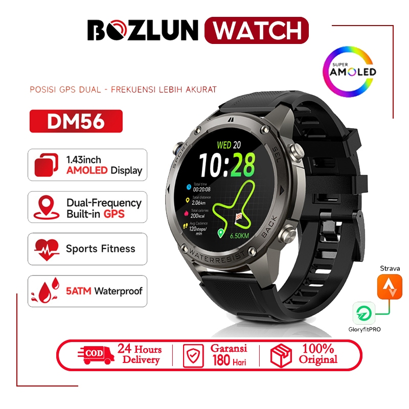 【100% Original】BOZLUN DM56 Smartwatch 5ATM Tahan Air GPS  Layar AMOLED HD 1.43 Kompas & Barometer Ma
