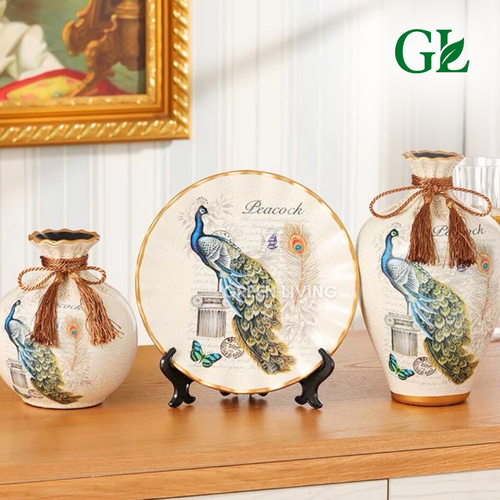 [COD] GREEN LIVING Pajangan Vas Bunga Piring SET 3 PCS Blossom Eropa Keramik Hiasan Guci Blossom Put