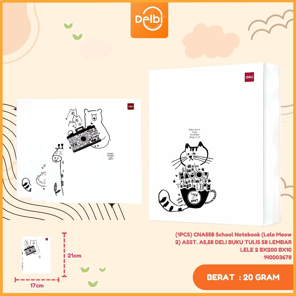 

(1PCS) CNA558 School Notebook (Lele Meow 2) ASST. A5,58 DELI BUKU TULIS 58 LEMBAR LELE 2