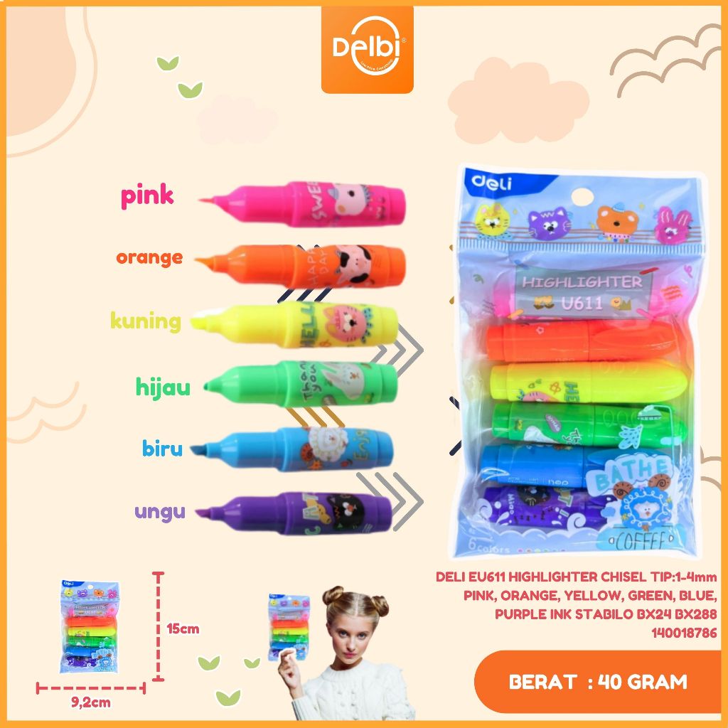 

DELI EU611 HIGHLIGHTER CHISEL TIP:1-4mm PINK, ORANGE, YELLOW, GREEN, BLUE, PURPLE INK STABILO