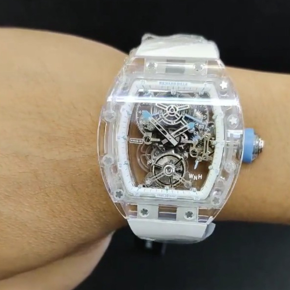 JAM TANGAN 56-01 SAPPHIRE TRANSPARANT CASE TURBILLON 44MM WHITE RUBBER STRAP LIMITED RM 56-01 SHAPIR
