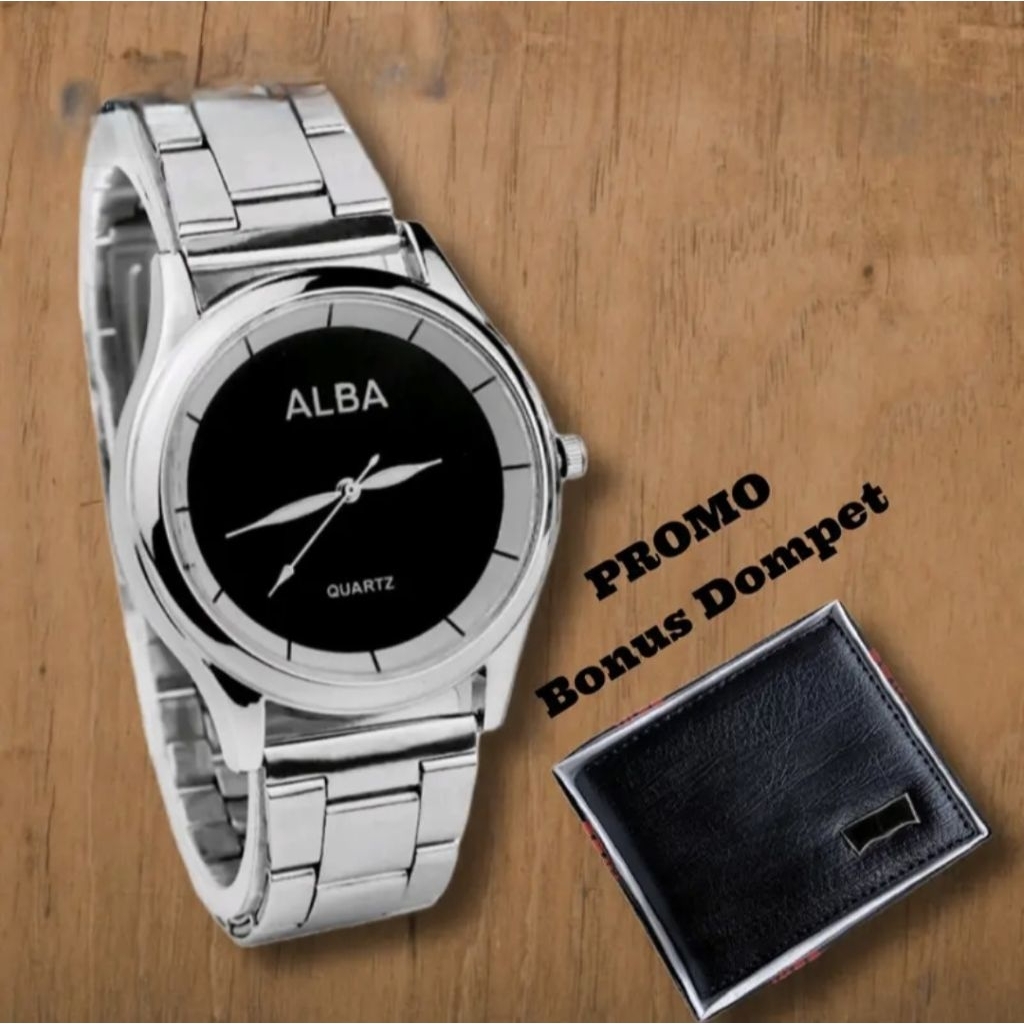 Jam Tangan Pria Alba Tali Rantai Bonus Dompet Kulit Jam Tangan Pria Keren Bonus Batrai Cadangan