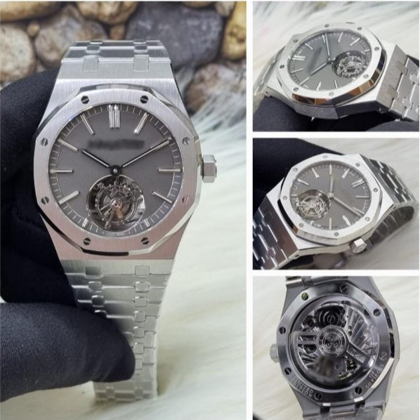 JAM TANGAN AUPIGE ROYAL OAK INSPIRED GREY DIAL 41MM FLYING TOURBILLON SILVER CHAIN EXTRA THIN MAX V4