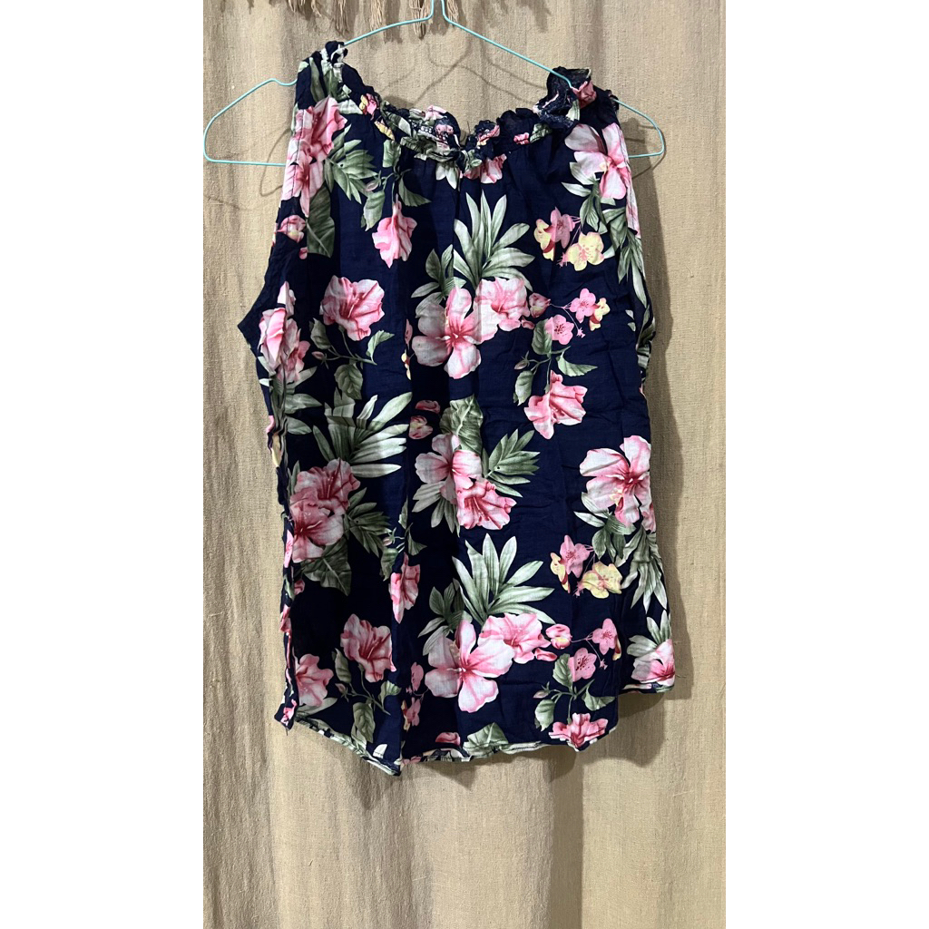 Blouse Floral Preloved Wanita - Motif Bunga Tropical Navy