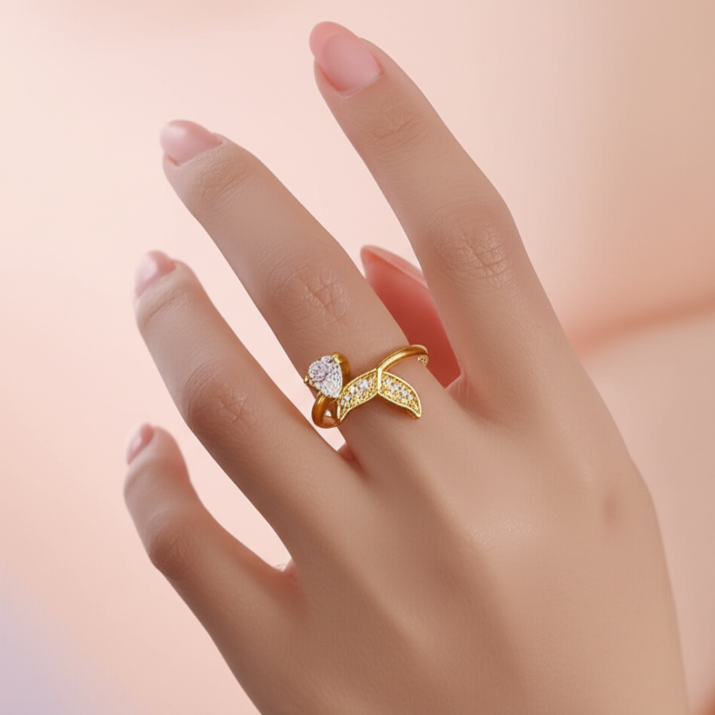 Cincin Wanita Gold Open Ring Daun Kristal Love Elegan Adjustable – Fashion Ring Kekinian