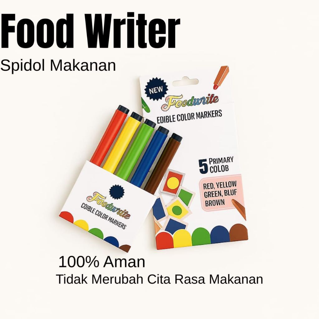 

Spidol Makanan Edible 5 Warna | Food Writer Pen Food Grade – Merah Biru Kuning Hijau Coklat