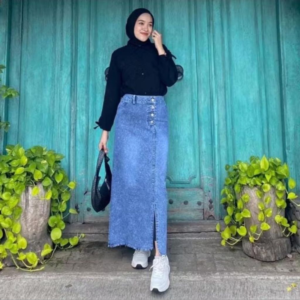 Rok Jeans Kancing Dewasa/Rok Jeans Kancing Belah Samping