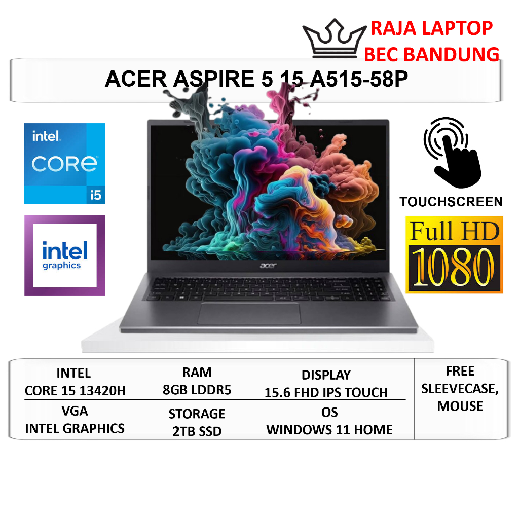 Laptop Baru Acer Aspire 5 15 A515 Intel Core i5 Gen 13 Ram 8GB SSD 2TB 15.6" FHD IPS Touch Win 11