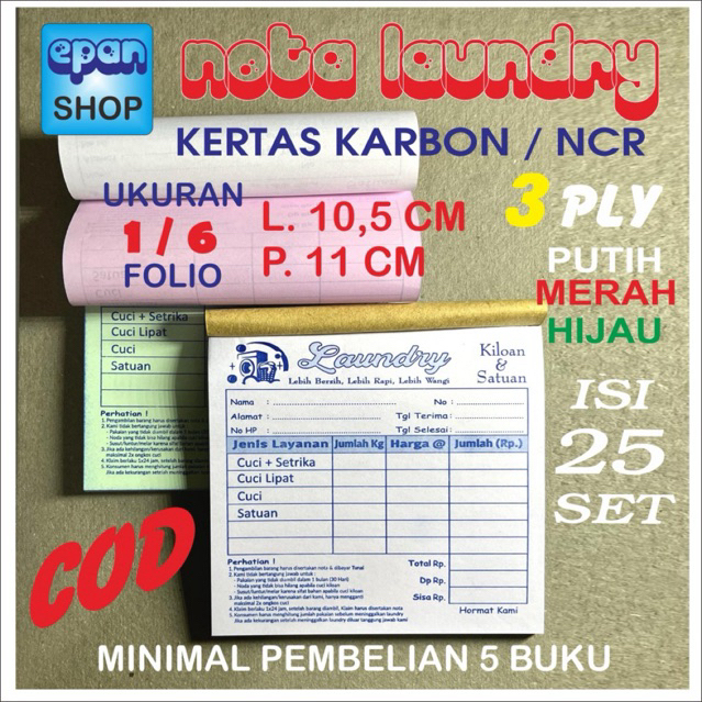

Nota Laundry 3 ply ukuran 1/6 folio (11 x 10,5 cm) isi 25 set. Ready Stock
