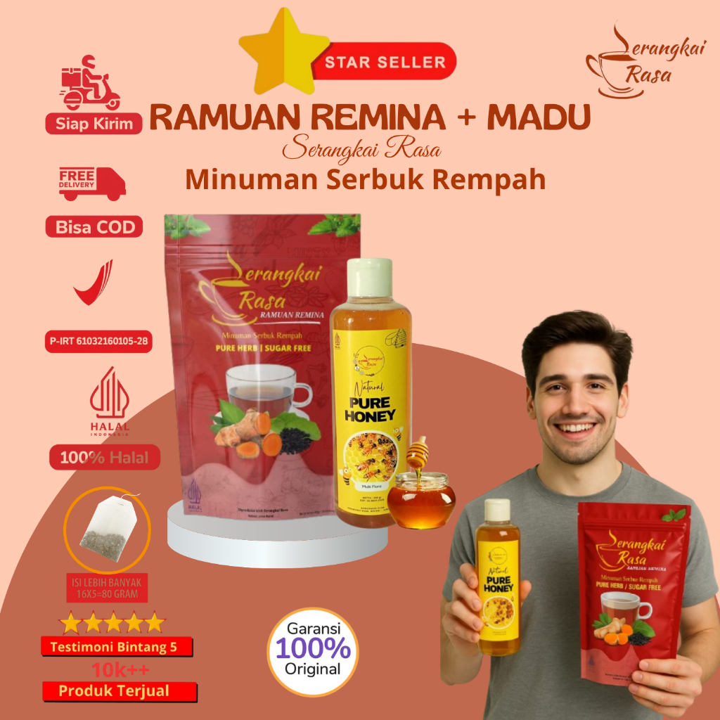 

[MADU & POUCH MERAH] Teh Celup Rempah Serangkai Rasa Remina Plus Madu | JSR | Stamina Pria | Herbal Vitalitas Laki Laki