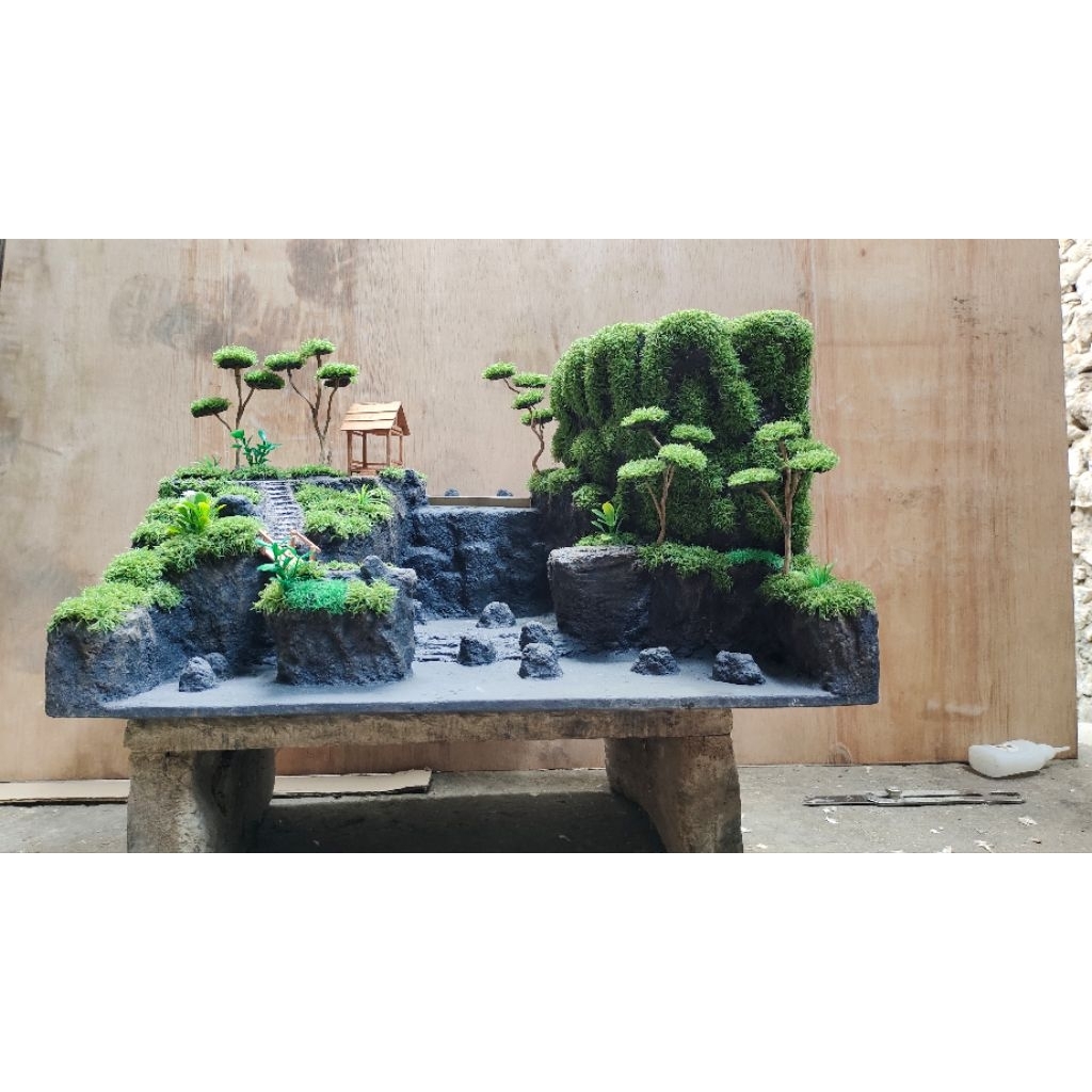 Hardscape tebing air terjun masuk aquarium 80x40x40