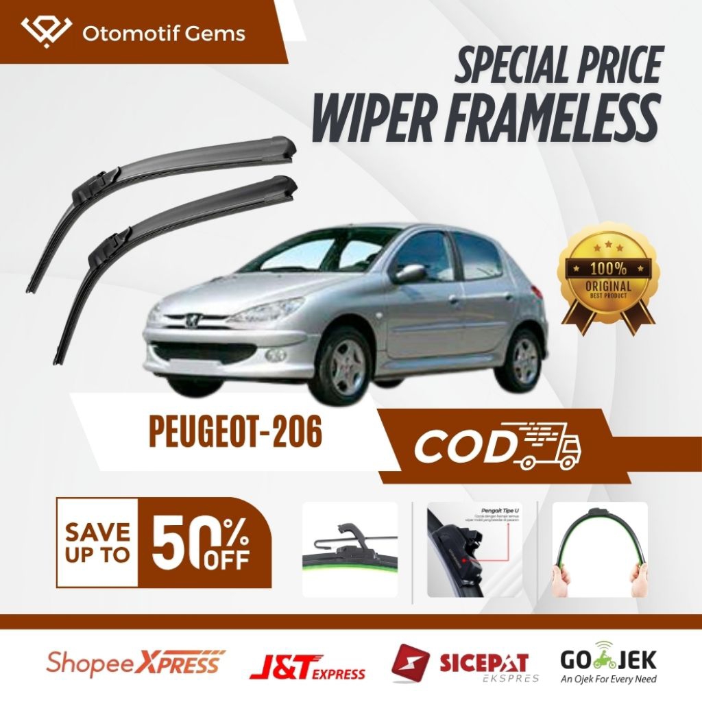 Wiper Frameless Mobil Peugeot-206 Halus Anti Suara Sepasang Isi 2 Pcs Kanan Kiri | Wiper Kaca Mobil 