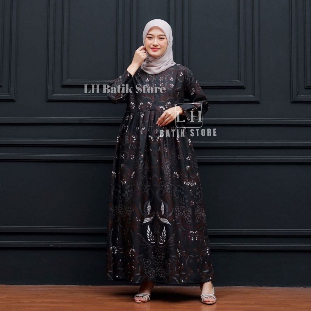 Gamis batik wanita dewasa warna sogan hitam motif sawunggaling ready stock banyak seragam lusinan ko