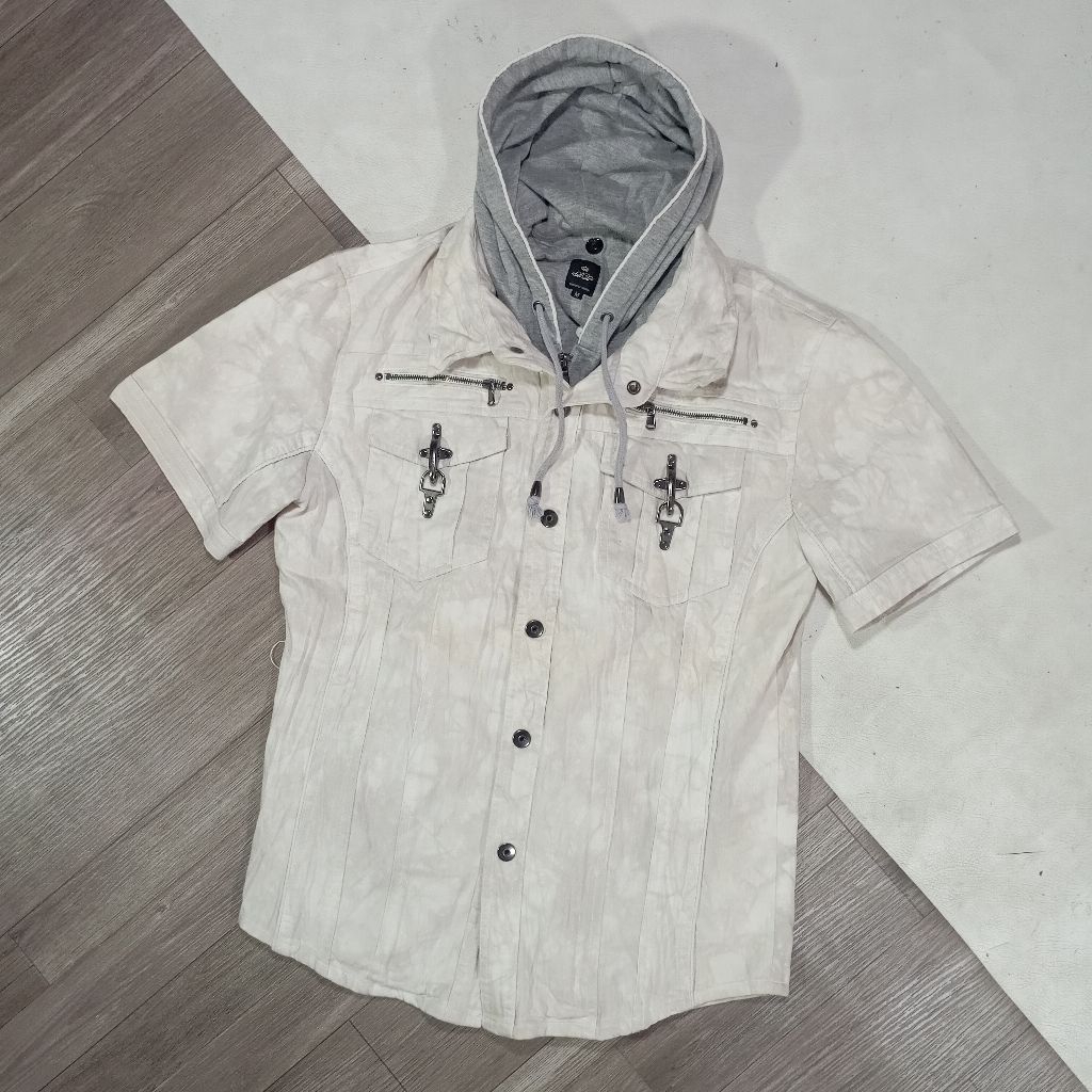 Kemeja y2k Semantic Design Removable Hoodie Distressed Shirt