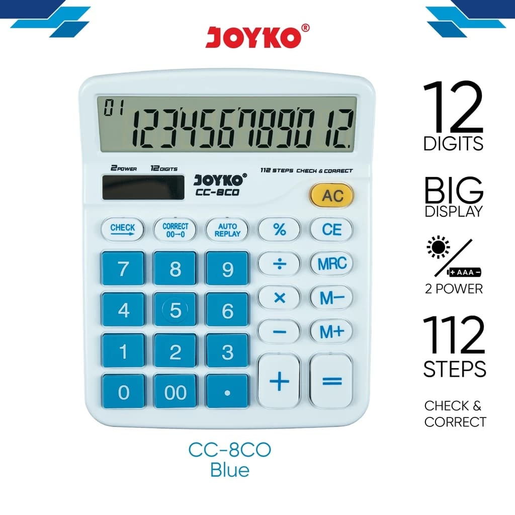 

Kalkulator Joyko CC-8CO 12 Digit Warna Biru | Kalkulator Meja Kantor Sekolah 112 Langkah