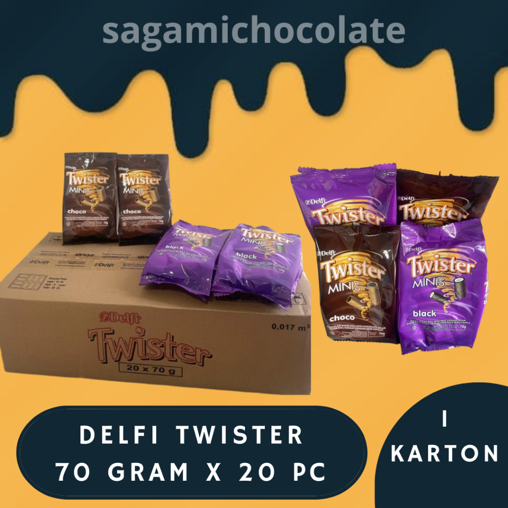 

DELFI TWISTER 70GR 1 KARTON ISI 20 | CHOCOLATE BLACK VANILLA | COKLAT WAFER ROLL