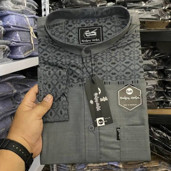 BAHAN PREMIUM / Galery Santri Baju Koko Pria Lengan Panjang Kerah Sanghai Motif Salur Katun Madinah