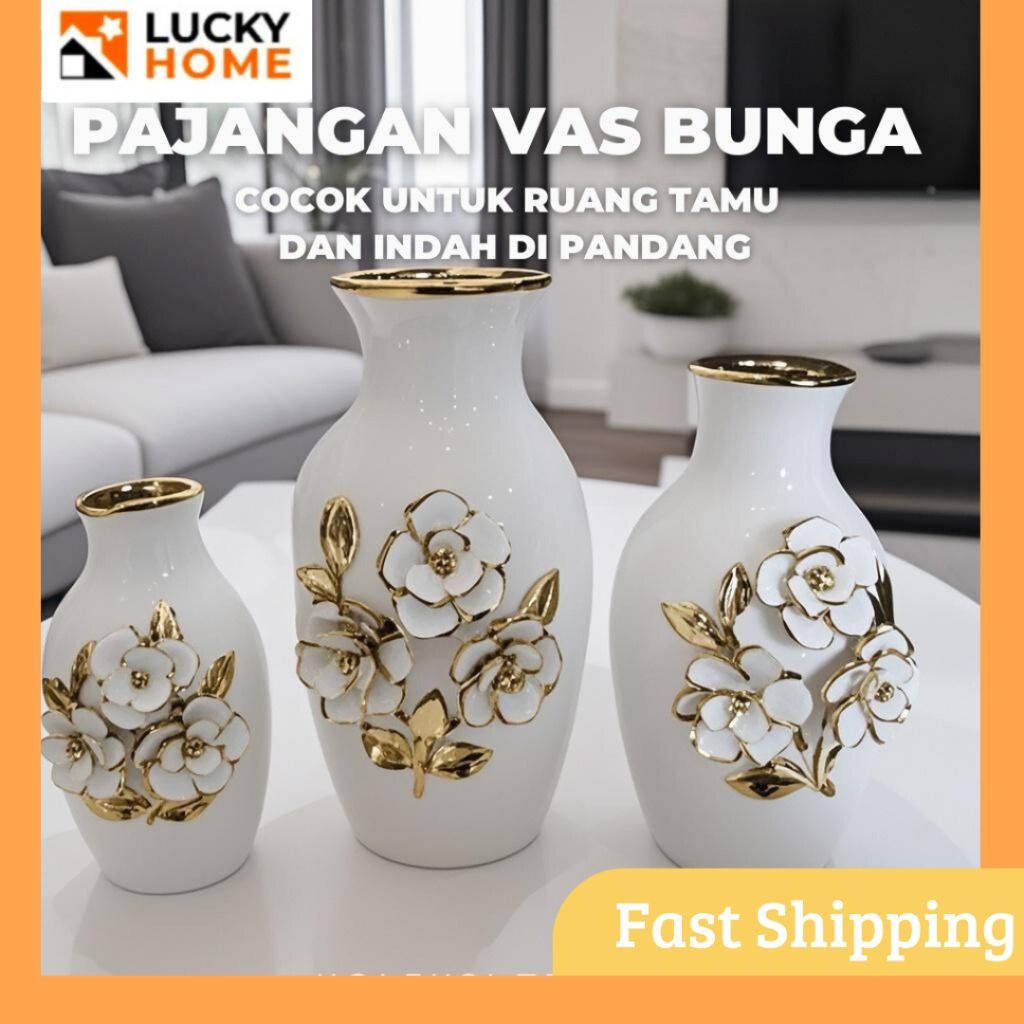 Vas Bunga Gold Emas Satu Set Putih Emas Motif Bunga Dekorasi rumah Import
