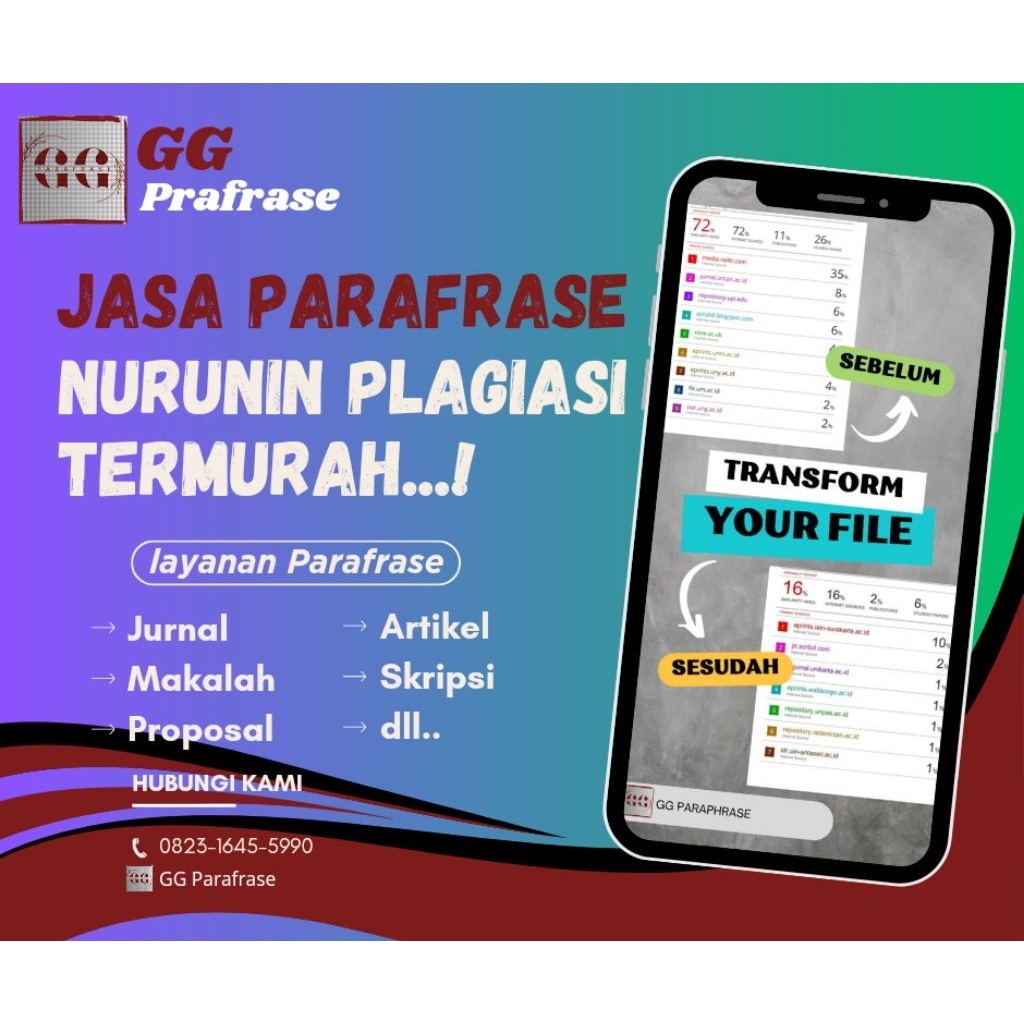 Jasa PARAFRASE MANUAL | Jasa menurunkan skor plagiasi TURNITIN No repository