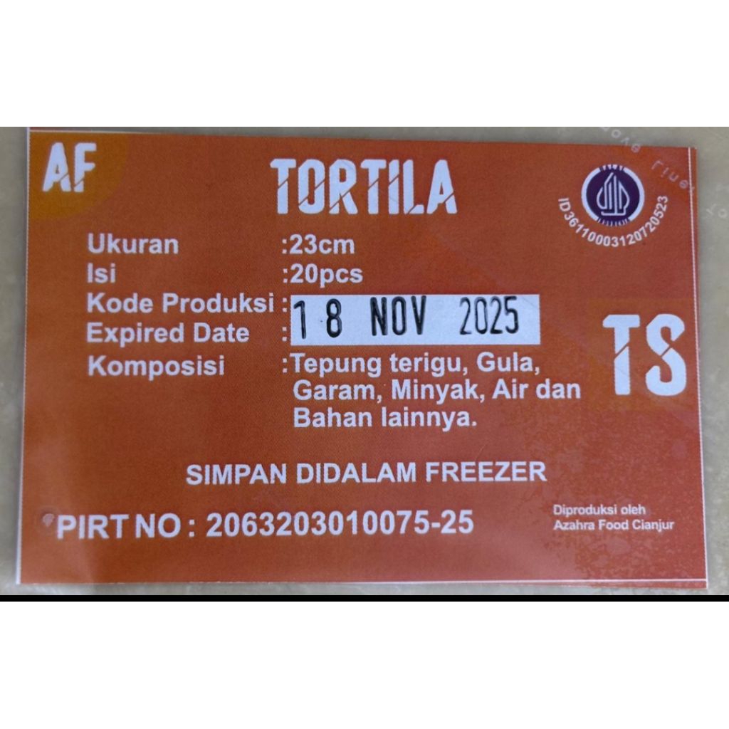 

Kulit Tortilla AF ( Ts ) 23 Cm. 1 Pack Isi 20 Lembar
