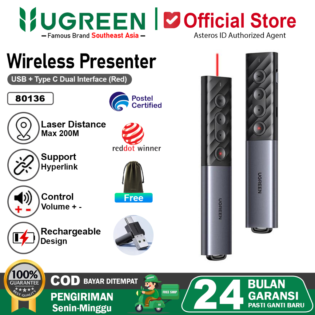 UGREEN Laser Pointer Wireless Presenter Dual Conection USB A + USB-C 80136